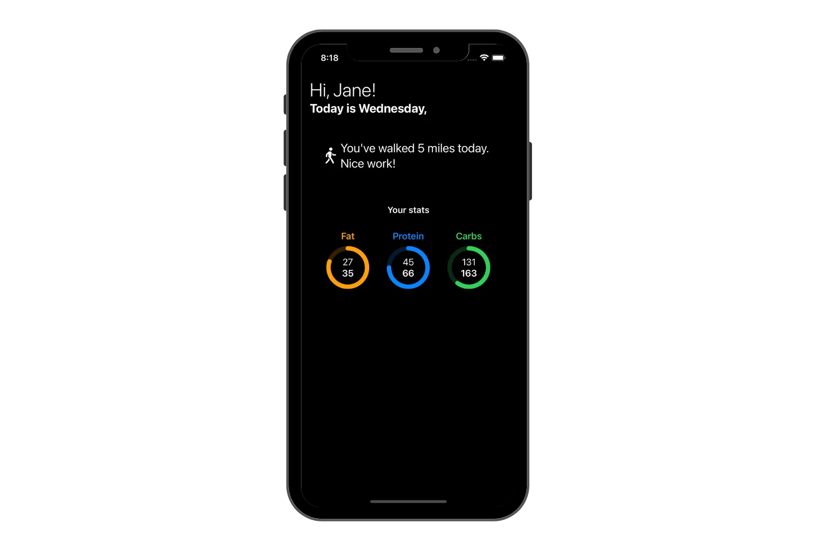 Simulator screenshot of a home page for a macronutrient tracking app in dark mode