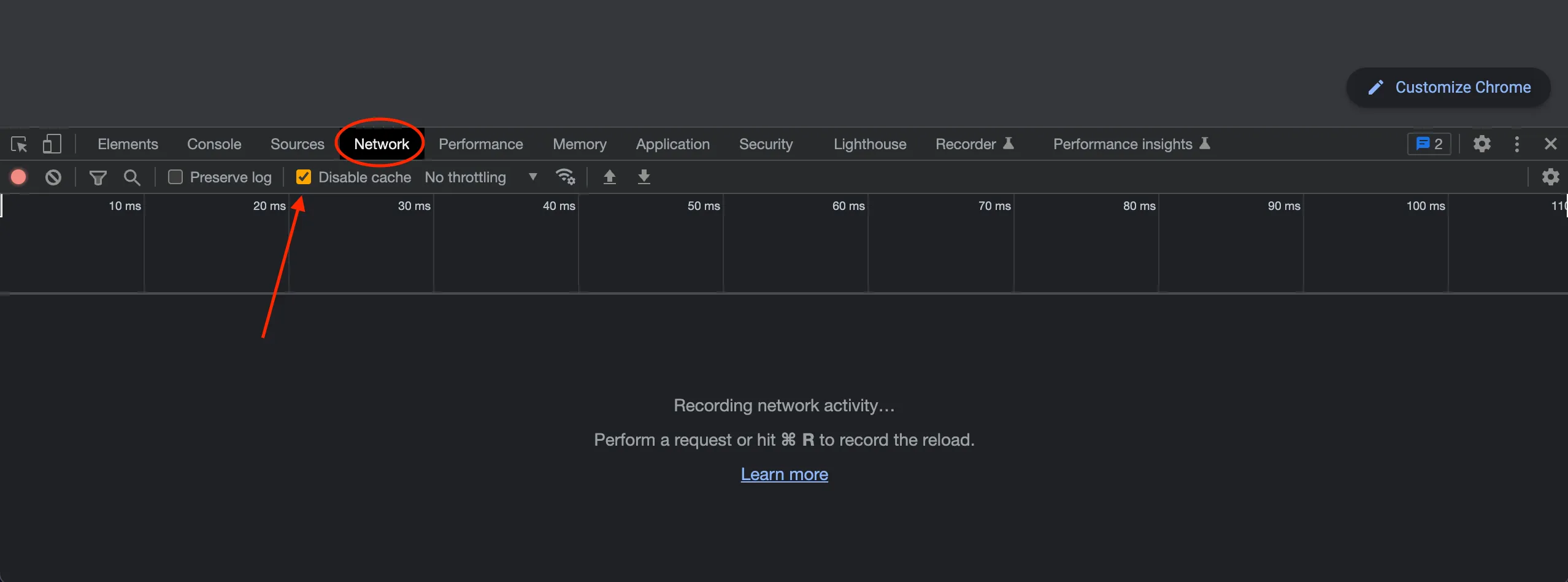 Network tab in Developer Tools with cache disabled Network tab in Developer Tools with cache disabled