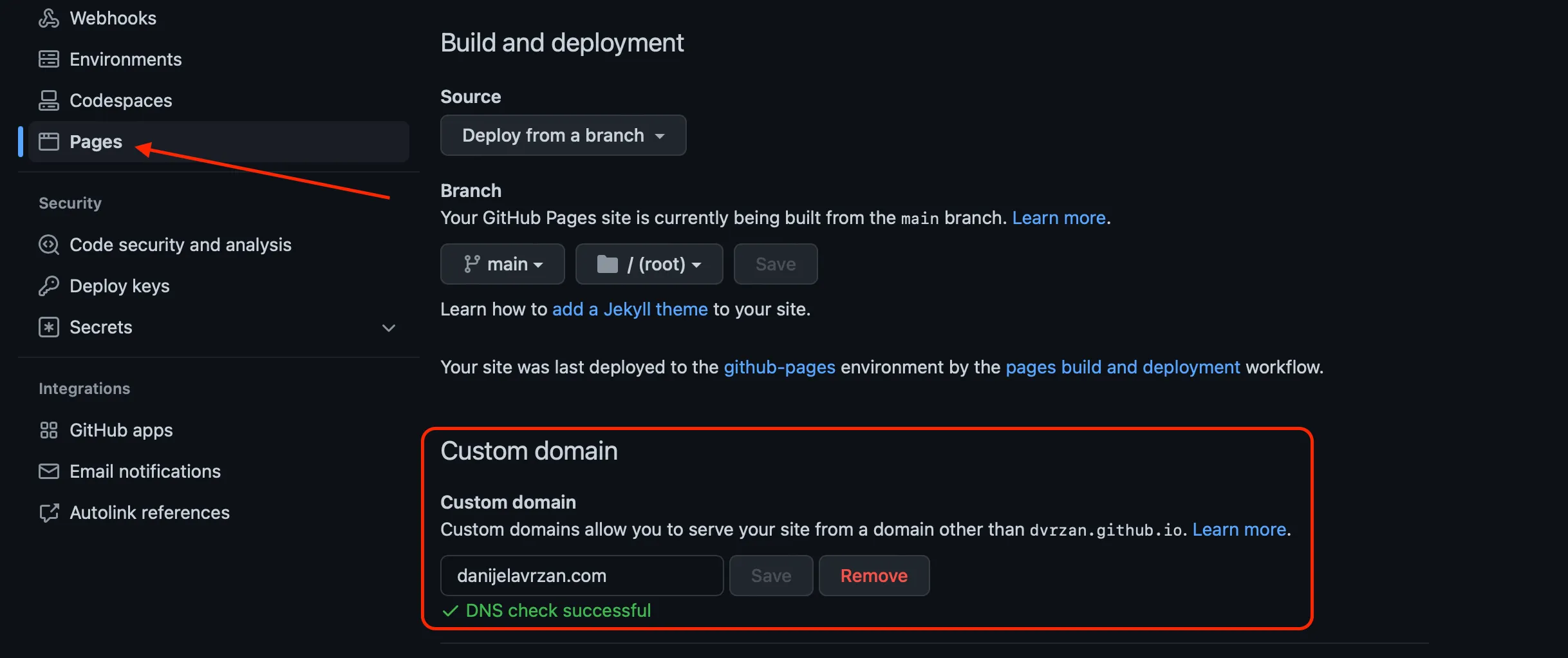 GitHub Pages settings section and Custom domain setup GitHub Pages settings section and Custom domain setup