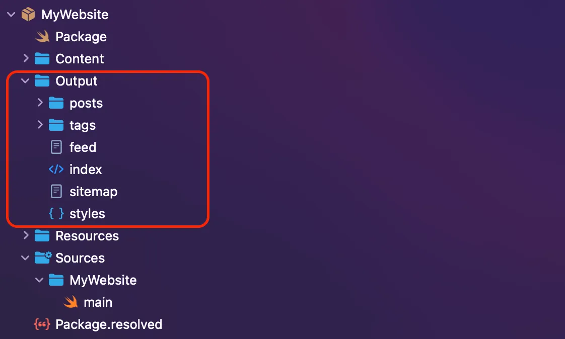Folder structure of projects generated by Publish with Output folder highlighted