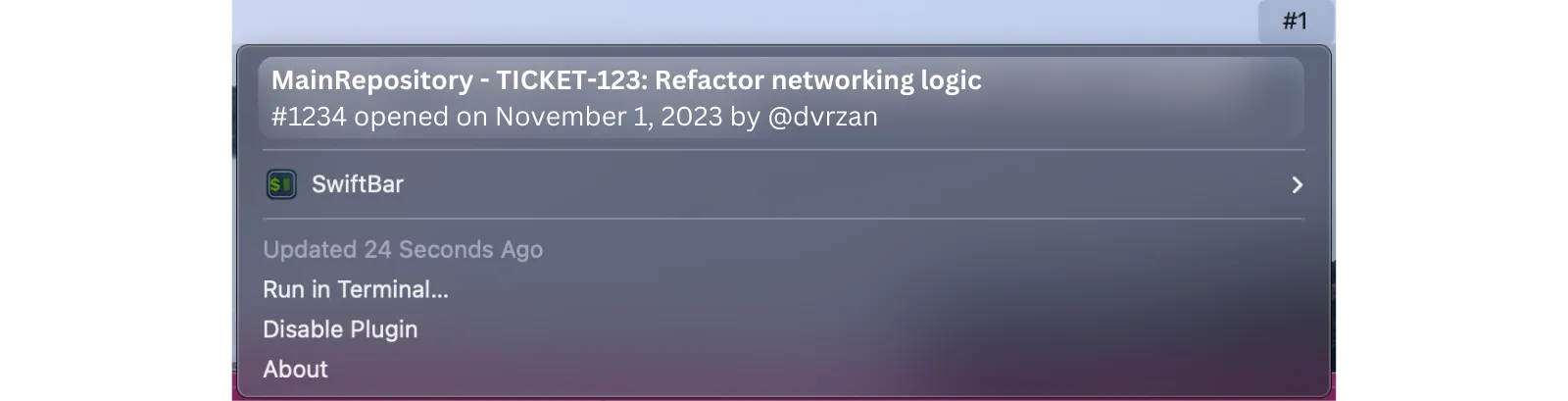 SwiftBar menu app showing 1 PR in the menu and detailed information about it