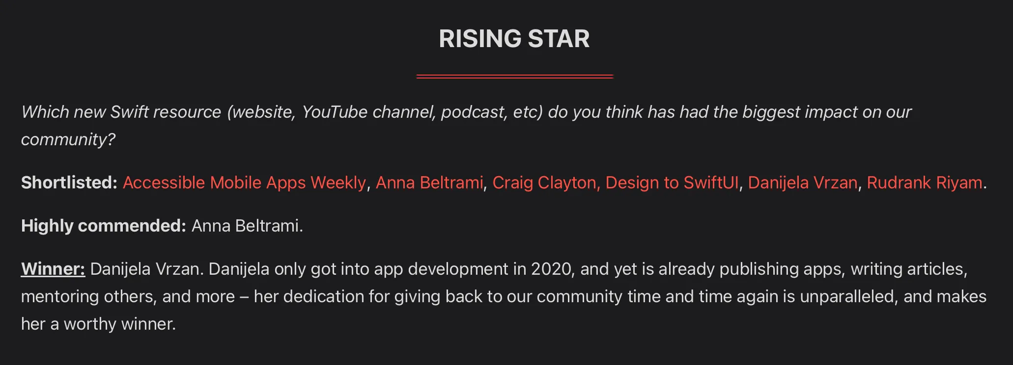 Swift Community 2022 Rising Star Award Swift Community 2022 Rising Star Award